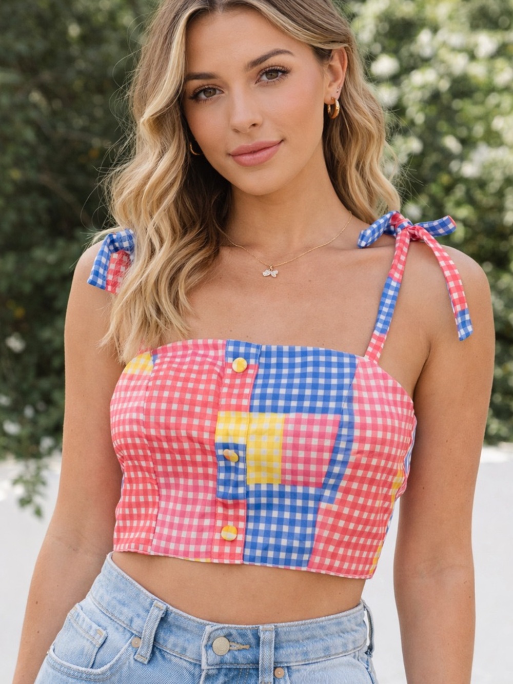Gingham Patchwork Tie-Shoulder Crop Top - Pink/Blue Size L